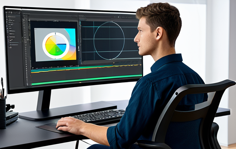 A focused professional digital artist, wearing a modest, dark professional shirt, seated comfortably in a modern, well-lit digital art studio. The artist is looking at a large, high-resolution monitor displaying a complex digital illustration with visibly well-organized layer panels, showing multiple color-coded layer groups and named layers. The illustration on screen hints at depth and intricate details, showcasing a non-destructive workflow. The studio environment includes ergonomic furniture and subtle tech accents. Perfect anatomy, correct proportions, natural pose, well-formed hands, proper finger count, natural body proportions, professional photography, high quality, fully clothed, appropriate attire, safe for work, appropriate content, professional, family-friendly.