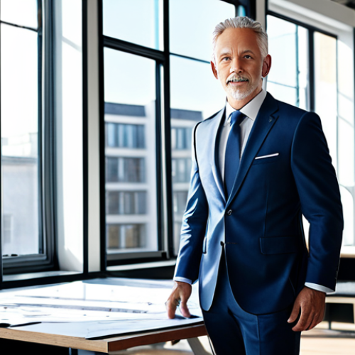 **

"A professional architect in a modern, fully-clothed business suit, standing in a bright, sunlit design studio filled with blueprints and models, appropriate attire, safe for work, perfect anatomy, natural proportions, architectural photography, high quality, family-friendly."

**