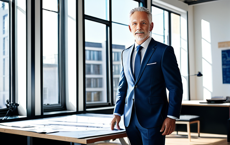 **
"A professional architect in a modern, fully-clothed business suit, standing in a bright, sunlit design studio filled with blueprints and models, appropriate attire, safe for work, perfect anatomy, natural proportions, architectural photography, high quality, family-friendly."
**