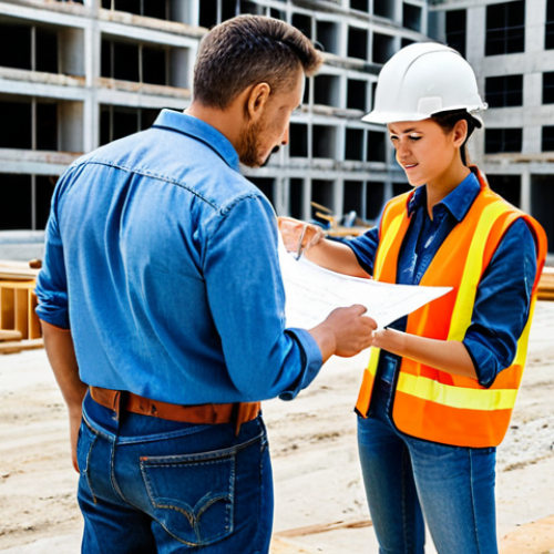 **

A professional architect, fully clothed in appropriate attire (jeans and a button-down shirt), standing on a construction site, reviewing blueprints with a construction worker. Background: a partially constructed modern building. Safe for work, appropriate content, modest, perfect anatomy, correct proportions, well-formed hands, proper finger count, natural pose, professional photography, high quality.

**