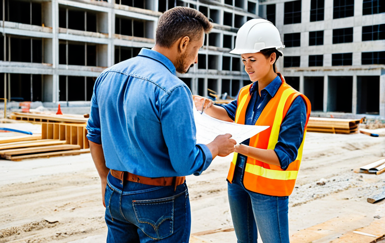 **

A professional architect, fully clothed in appropriate attire (jeans and a button-down shirt), standing on a construction site, reviewing blueprints with a construction worker. Background: a partially constructed modern building. Safe for work, appropriate content, modest, perfect anatomy, correct proportions, well-formed hands, proper finger count, natural pose, professional photography, high quality.

**