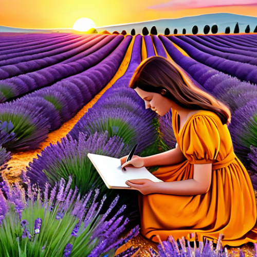 **

A digital illustration of a vibrant sunset over a field of lavender in Provence, France.  A woman in a flowing, modest dress, fully clothed, is sketching in a notebook. The color palette is dominated by purples, oranges, and yellows.  safe for work, appropriate content, professional, family-friendly, perfect anatomy, correct proportions, well-formed hands, natural pose, high quality.

**