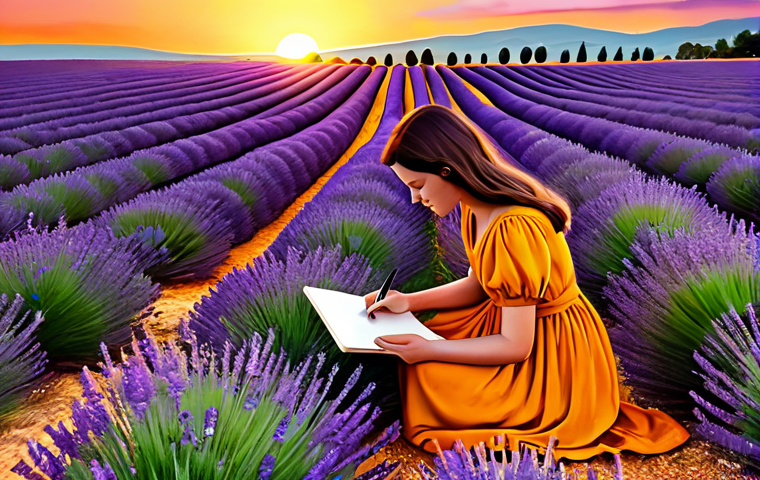 **

A digital illustration of a vibrant sunset over a field of lavender in Provence, France.  A woman in a flowing, modest dress, fully clothed, is sketching in a notebook. The color palette is dominated by purples, oranges, and yellows.  safe for work, appropriate content, professional, family-friendly, perfect anatomy, correct proportions, well-formed hands, natural pose, high quality.

**