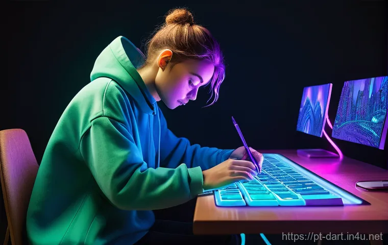 디지털아트 수작업 대비 장점과 단점 - **A Digital Artist's Creative Flow:** A young artist, with vibrant, creatively styled hair, is deepl...