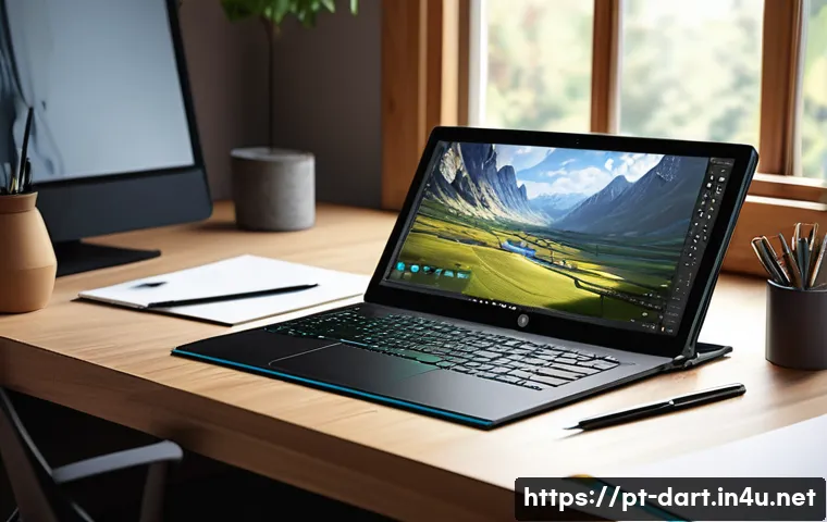 디지털아트에서의 필압 조절법 - A digital artist’s workspace showcasing a high-resolution drawing tablet with a stylus pen resting o...