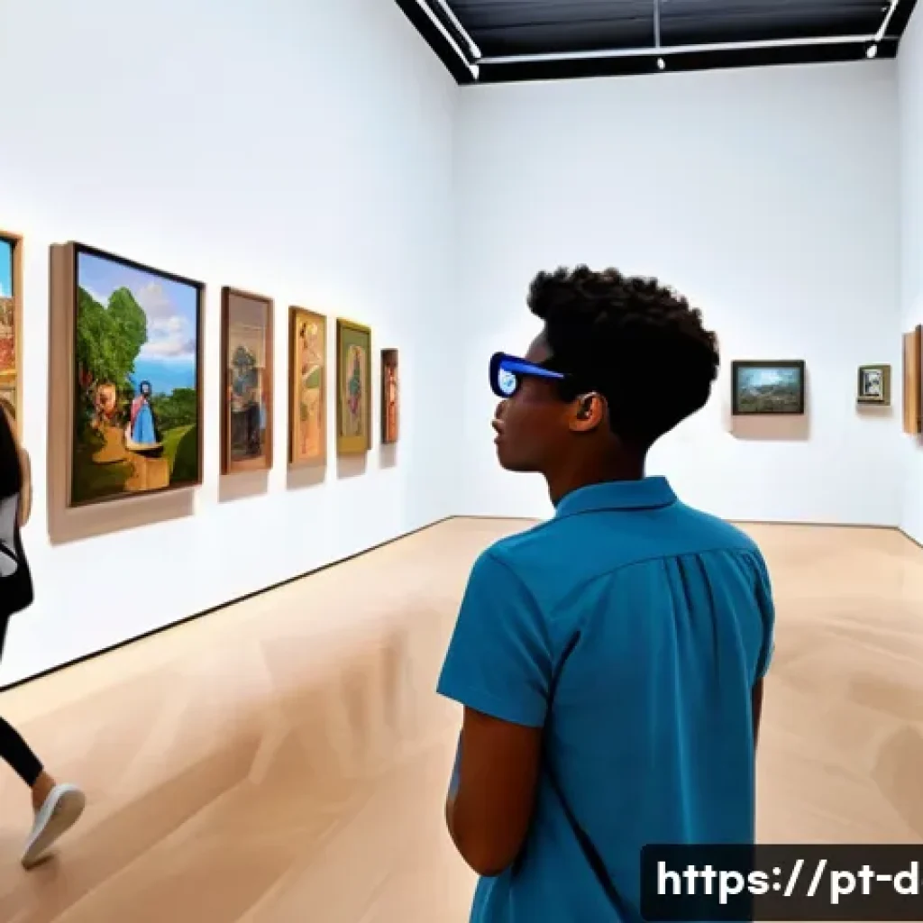 디지털아트 증강현실 AR 적용 사례 - A modern art gallery scene featuring diverse visitors wearing AR glasses interacting with augmented ...