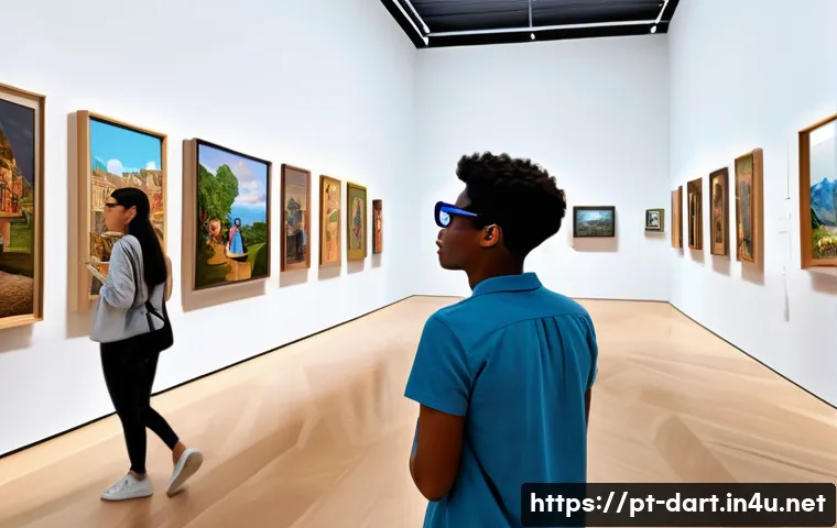 디지털아트 증강현실 AR  적용 사례 - A modern art gallery scene featuring diverse visitors wearing AR glasses interacting with augmented ...