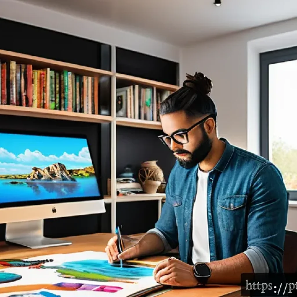 디지털아트 프리랜서로 성공하는 법 - A focused digital artist working at a modern home studio, surrounded by dual monitors displaying vib...