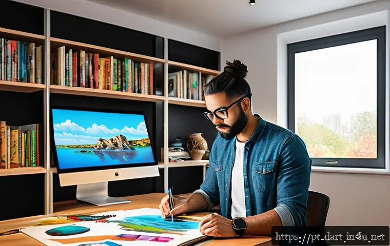 디지털아트 프리랜서로 성공하는 법 - A focused digital artist working at a modern home studio, surrounded by dual monitors displaying vib...