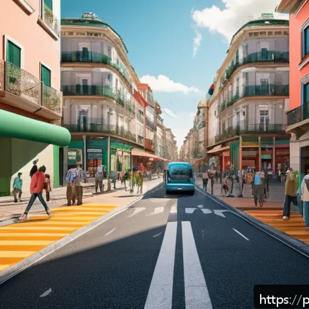 디지털아트에서 원근법 적용하기 - A detailed digital illustration of a bustling urban street scene using two-point perspective, showca...