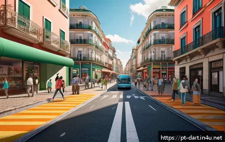 디지털아트에서 원근법 적용하기 - A detailed digital illustration of a bustling urban street scene using two-point perspective, showca...