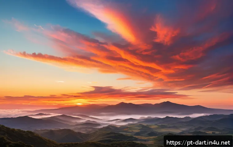디지털아트 하늘과 구름 표현 기법 - A breathtaking digital painting of a sunset sky over a serene Brazilian landscape, showcasing warm g...