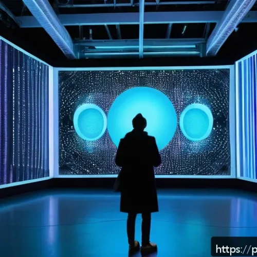 Home 17 디지털아트 해외 아트페어 참가법 - A vibrant digital art exhibition scene set in a modern gallery space in Berlin, Germany during the T...