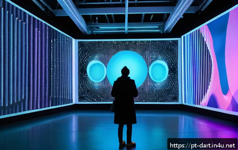 디지털아트 해외 아트페어 참가법 - A vibrant digital art exhibition scene set in a modern gallery space in Berlin, Germany during the T...
